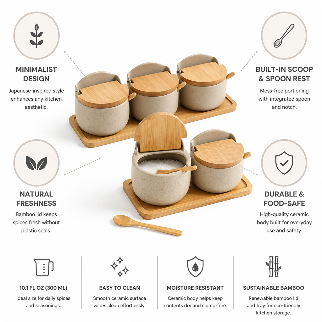 Bamboo-Lid Ceramic Spice Jar (With Scoop)