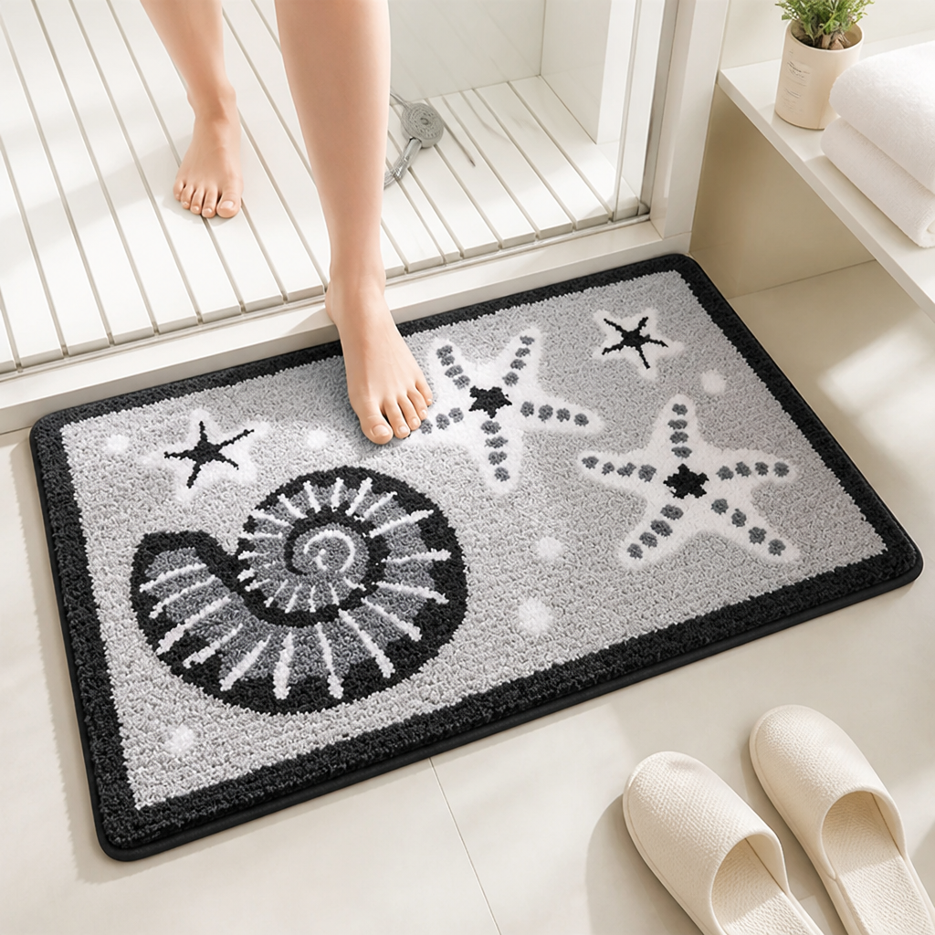 Bath Mat Coastal Starfish & Seashell Microfiber Non-Slip