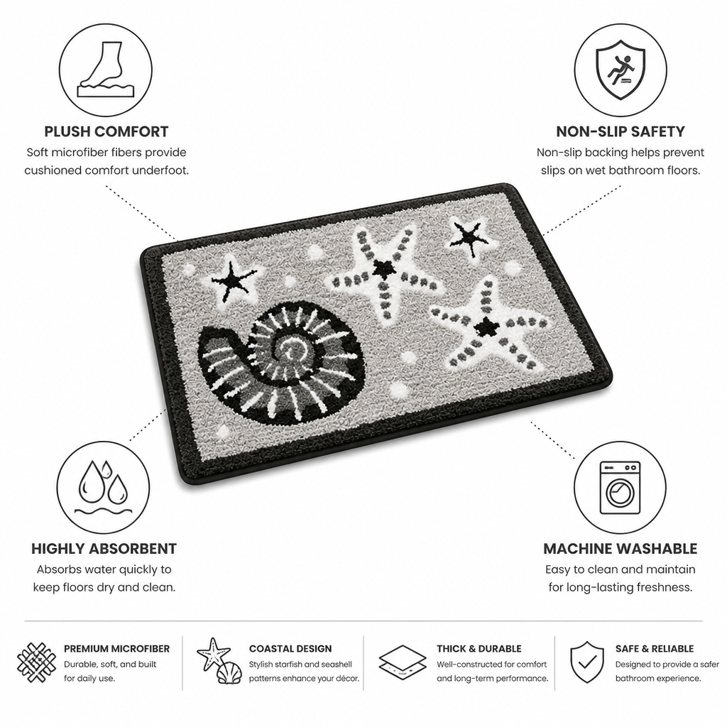 Bath Mat Coastal Starfish & Seashell Microfiber Non-Slip