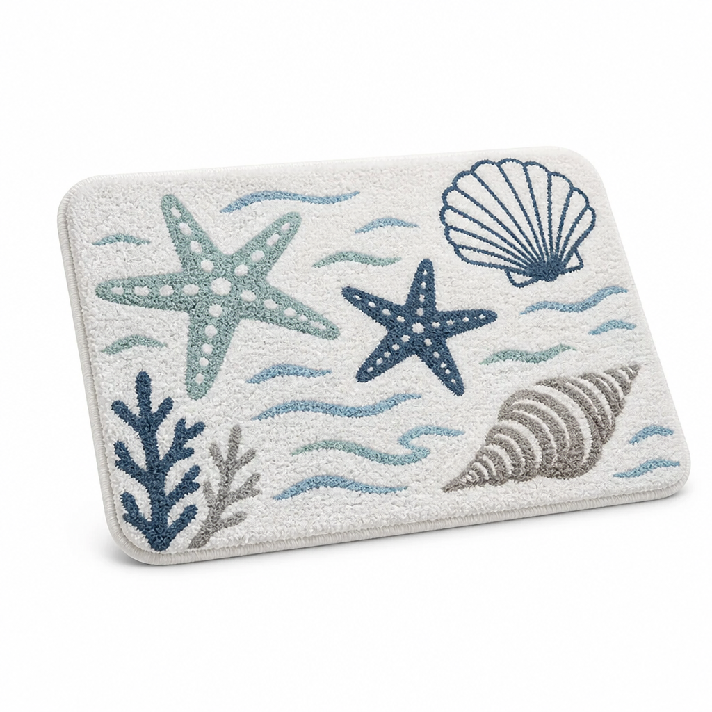 Bath Mat Coastal Starfish & Seashell Microfiber Non-Slip