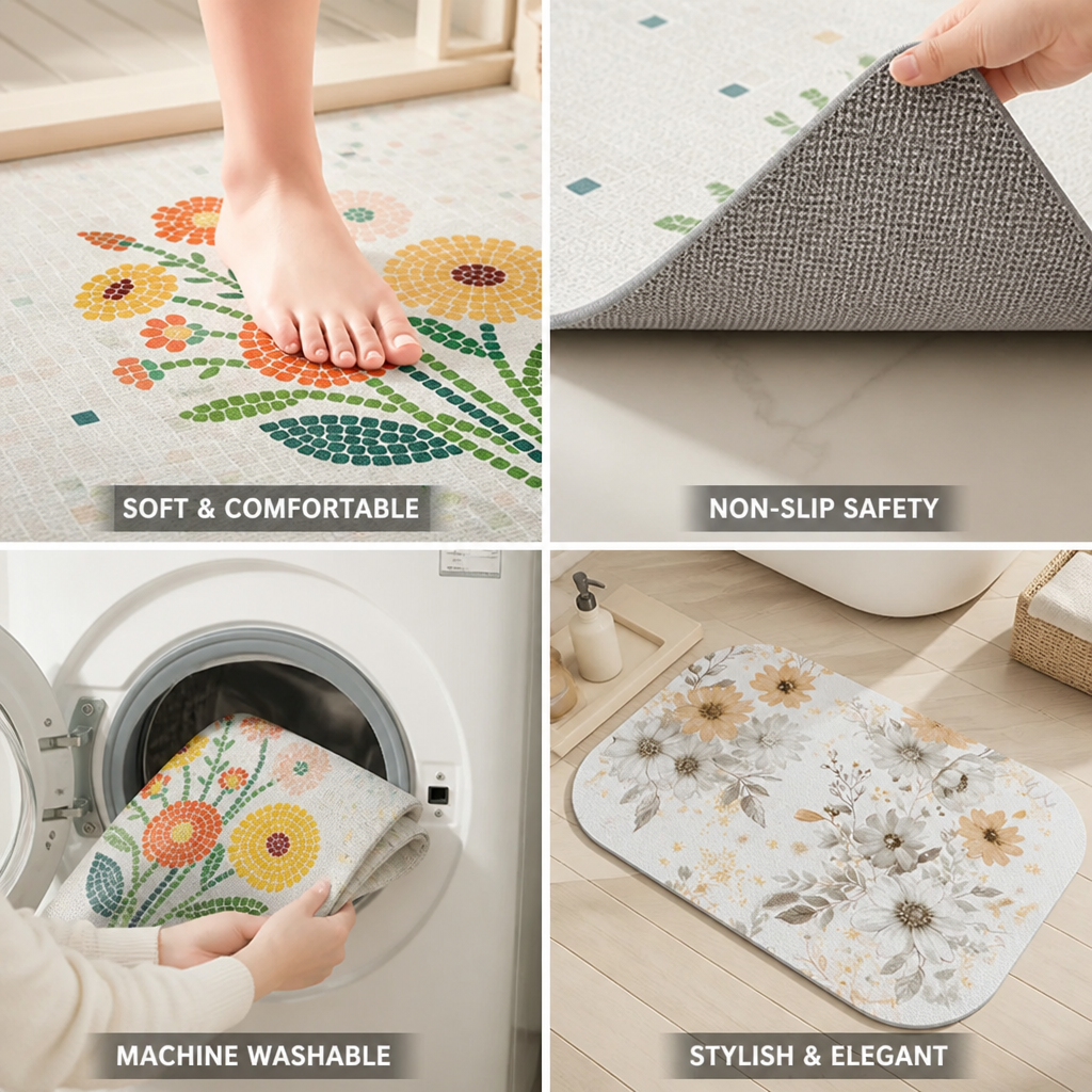 Bath Mat Floral Non-Slip Machine Washable