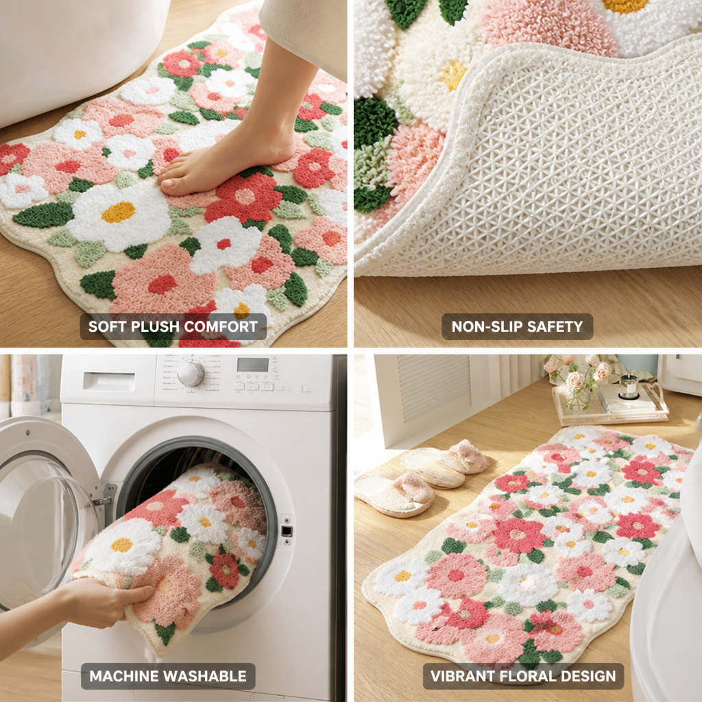 Bath Mat Floral Plush Microfiber Non-Slip