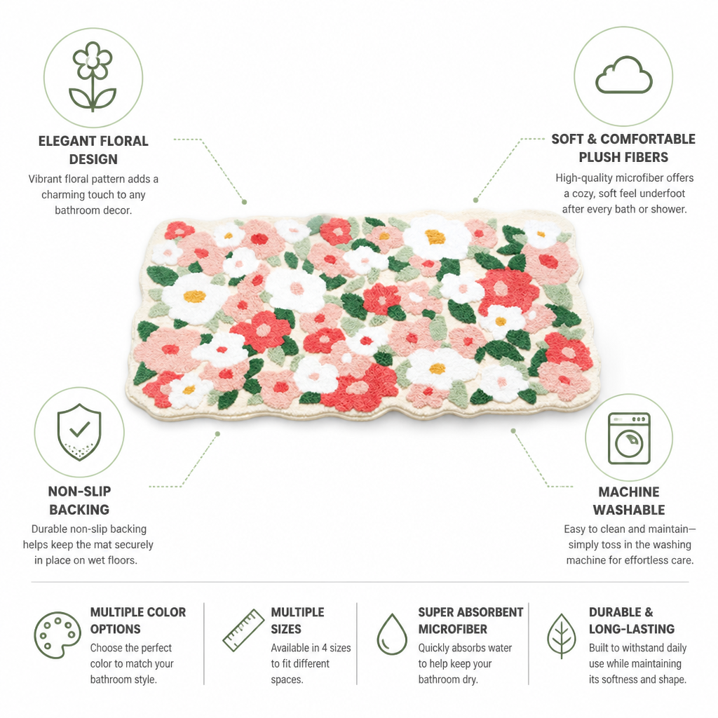 Bath Mat Floral Plush Microfiber Non-Slip