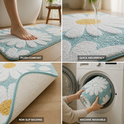 Bath Mat Plush Daisy Quick-Absorb Non-Slip Backing