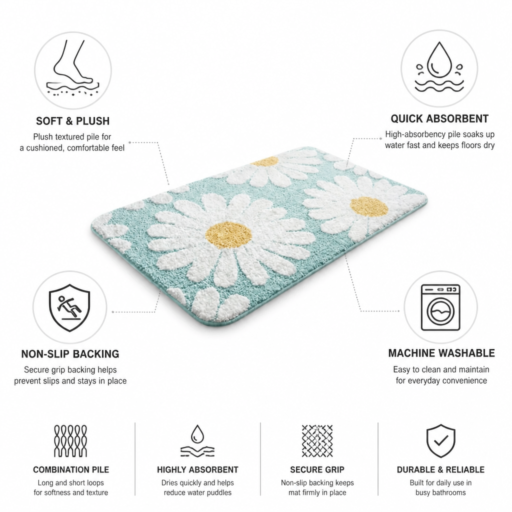 Bath Mat Plush Daisy Quick-Absorb Non-Slip Backing