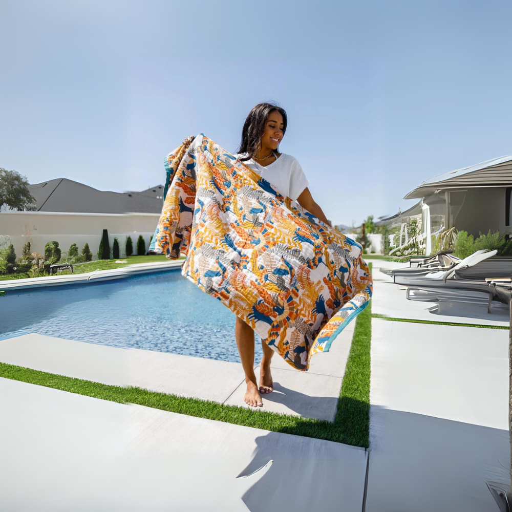 Bath Towel 100% Cotton Reversible Flower & Bird Print