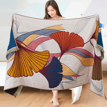 Bath Towel Cotton Ginkgo Leaf Print Tassel Edges