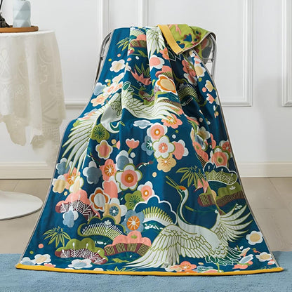 Bath Towel Floral Crane Print Pure Cotton Quick-Drying