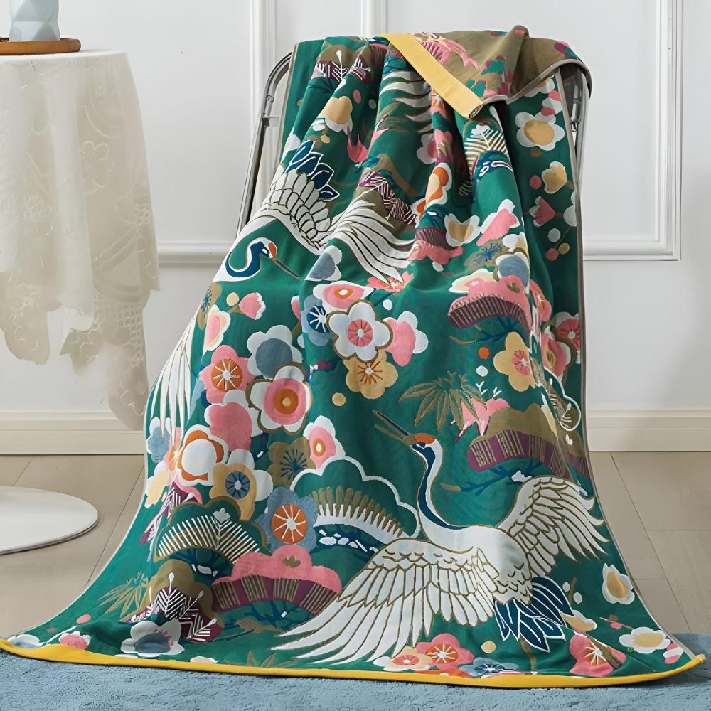 Bath Towel Floral Crane Print Pure Cotton Quick-Drying
