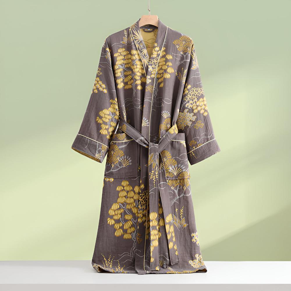 Bathrobe Cotton Gauze Gold Floral Waist Tie