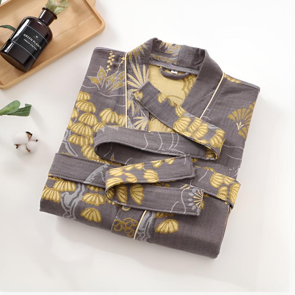 Bathrobe Cotton Gauze Gold Floral Waist Tie
