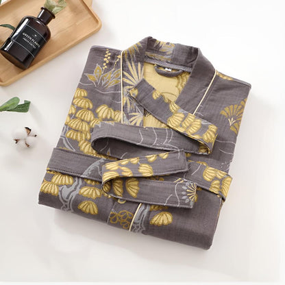 Bathrobe Cotton Gauze Gold Floral Waist Tie