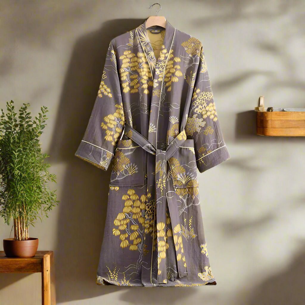 Bathrobe Cotton Gauze Gold Floral Waist Tie