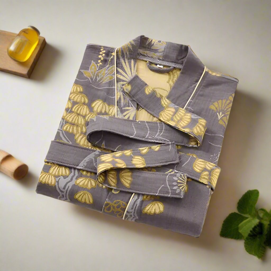 Bathrobe Cotton Gauze Gold Floral Waist Tie