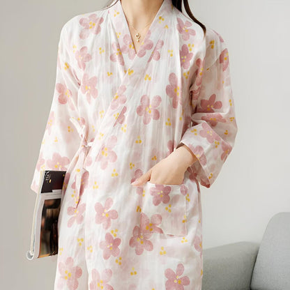 Bathrobe Cotton Gauze Yukata-Style Adjustable Drawstring & Pocket