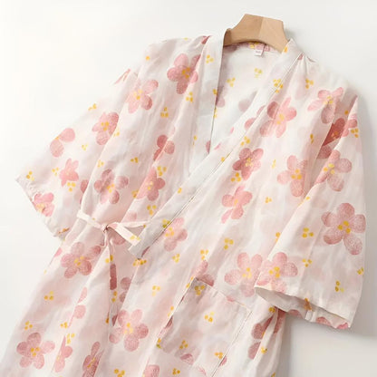 Bathrobe Cotton Gauze Yukata-Style Adjustable Drawstring & Pocket