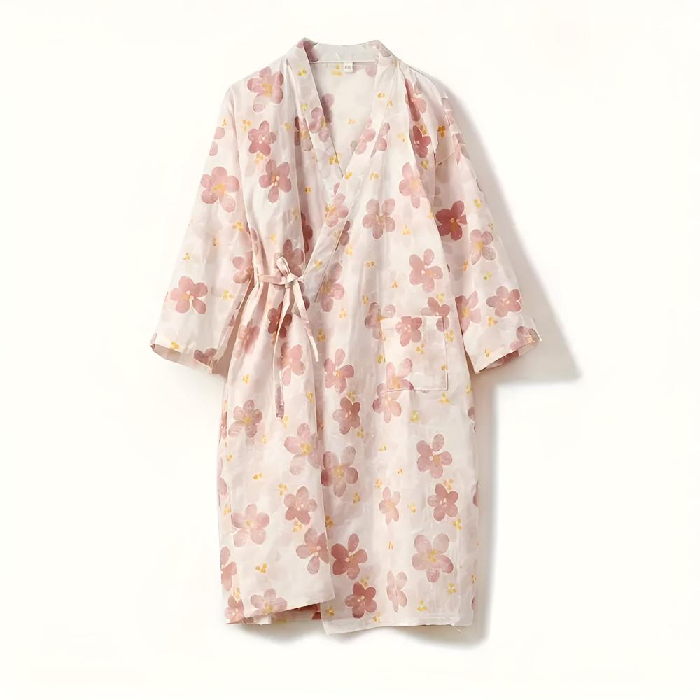 Bathrobe Cotton Gauze Yukata-Style Adjustable Drawstring & Pocket