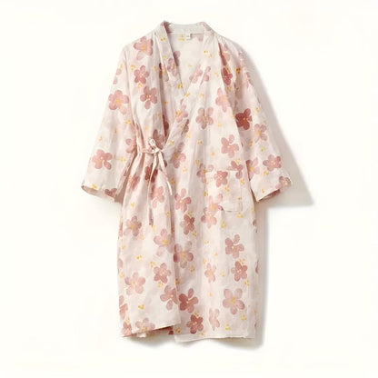 Bathrobe Cotton Gauze Yukata-Style Adjustable Drawstring & Pocket