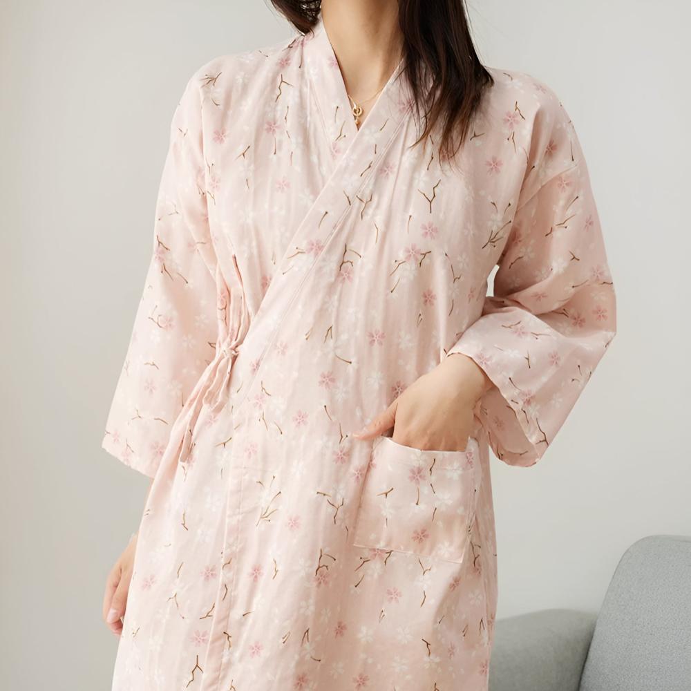 Bathrobe Cotton Gauze Yukata-Style Adjustable Drawstring & Pocket