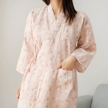 Bathrobe Cotton Gauze Yukata-Style Adjustable Drawstring & Pocket