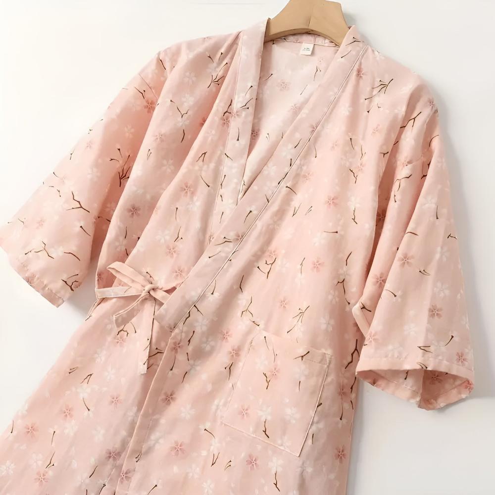 Bathrobe Cotton Gauze Yukata-Style Adjustable Drawstring & Pocket