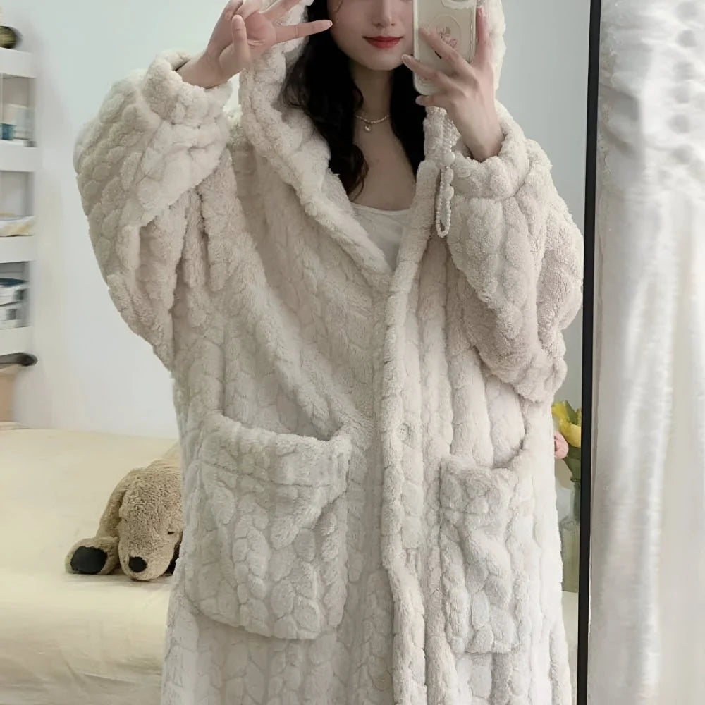 Bathrobe Hooded Long Sleeve With Side Pockets