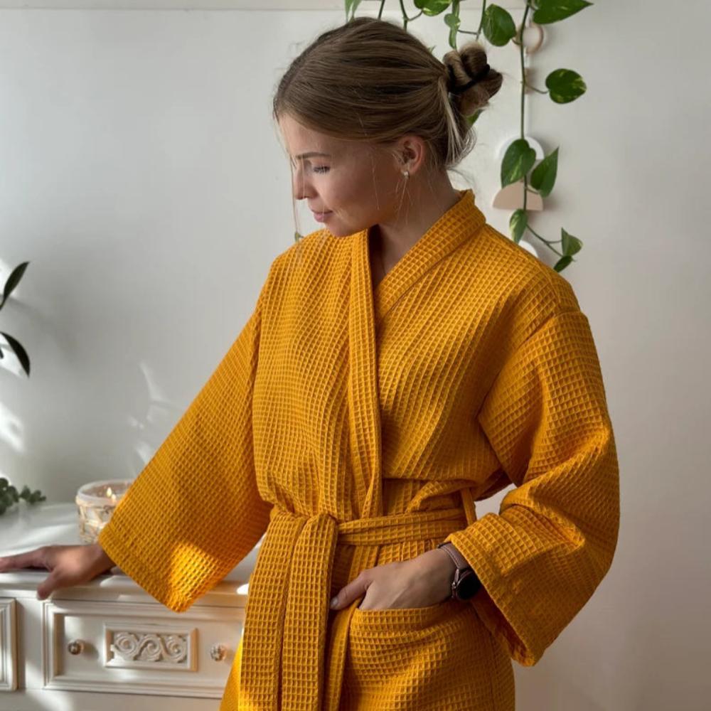 Bathrobe Waffle V-Neck 100% Cotton Adjustable Waistband