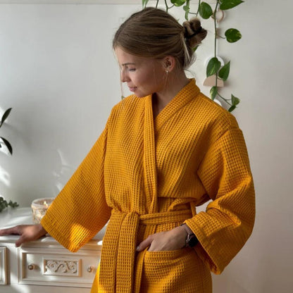 Bathrobe Waffle V-Neck 100% Cotton Adjustable Waistband