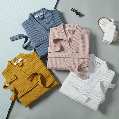 Bathrobe Waffle V-Neck 100% Cotton Adjustable Waistband
