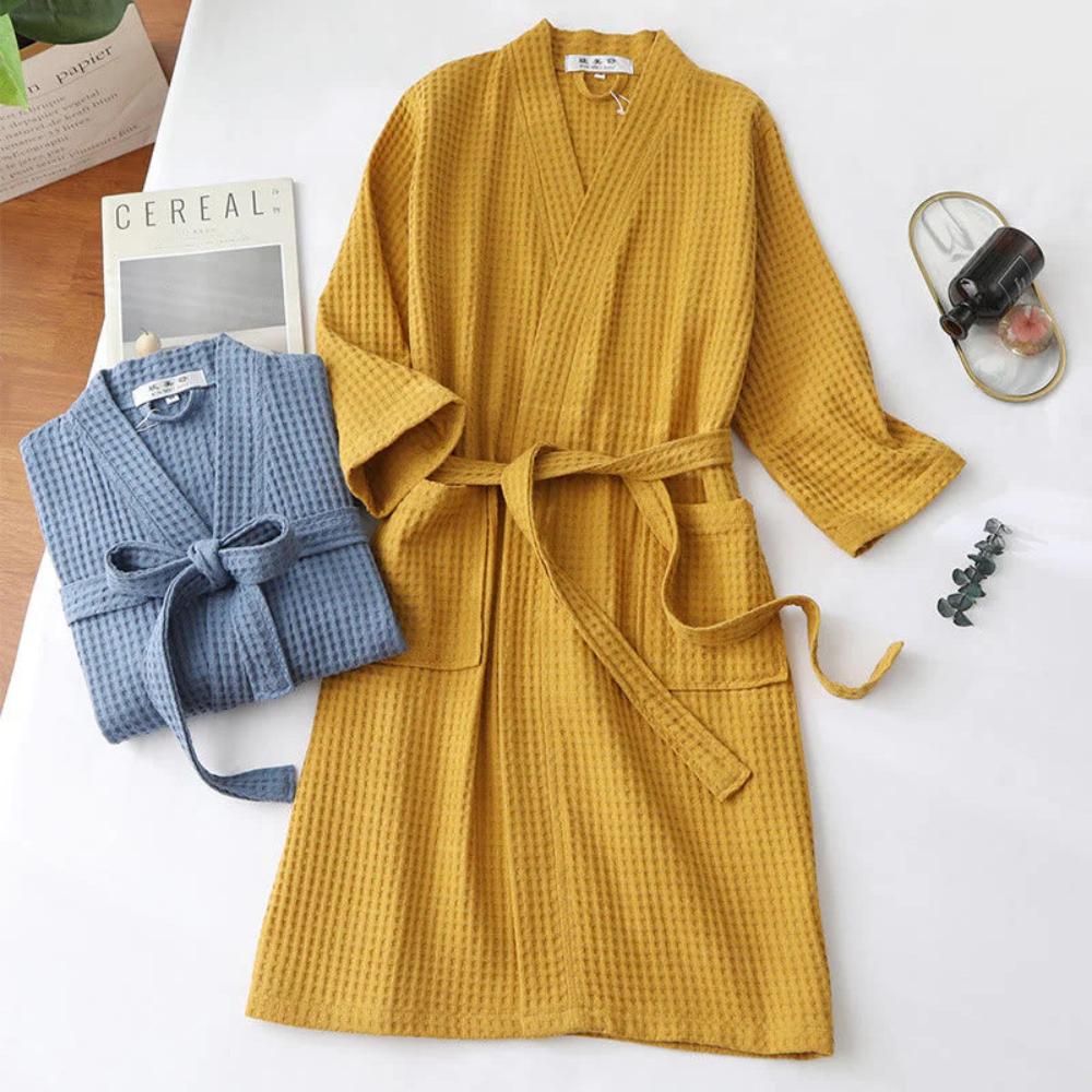 Bathrobe Waffle V-Neck 100% Cotton Adjustable Waistband