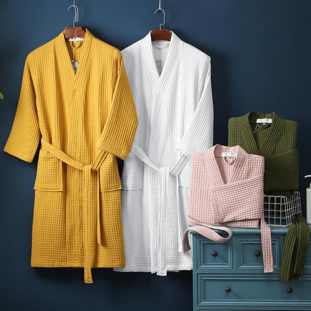 Bathrobe Waffle V-Neck 100% Cotton Adjustable Waistband