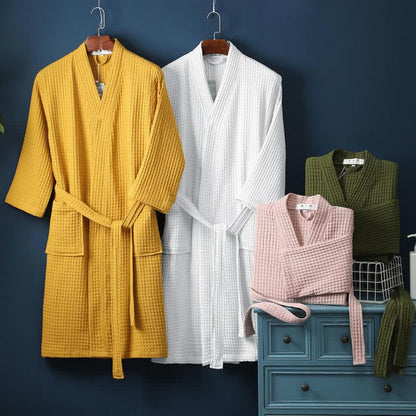 Bathrobe Waffle V-Neck 100% Cotton Adjustable Waistband
