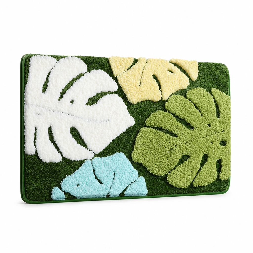 Bathroom Mat Leaf Design Plush Non-Slip Machine Washable