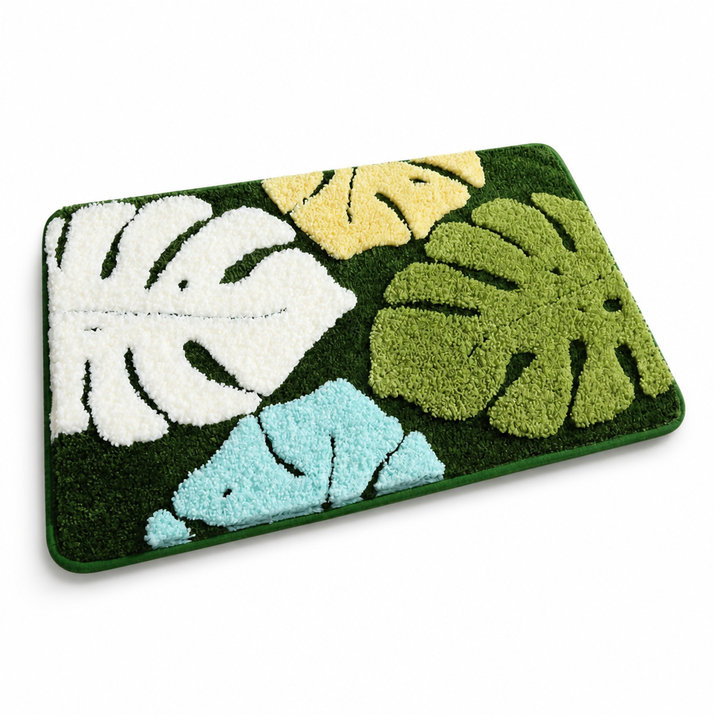Bathroom Mat Leaf Design Plush Non-Slip Machine Washable