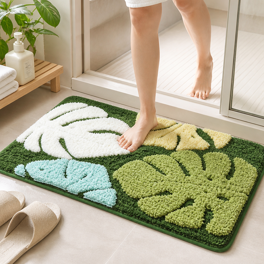 Bathroom Mat Leaf Design Plush Non-Slip Machine Washable
