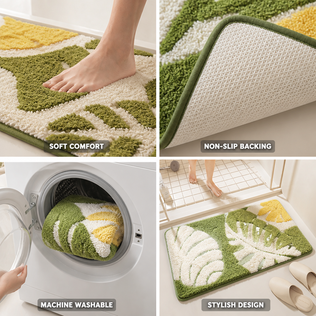 Bathroom Mat Leaf Design Plush Non-Slip Machine Washable