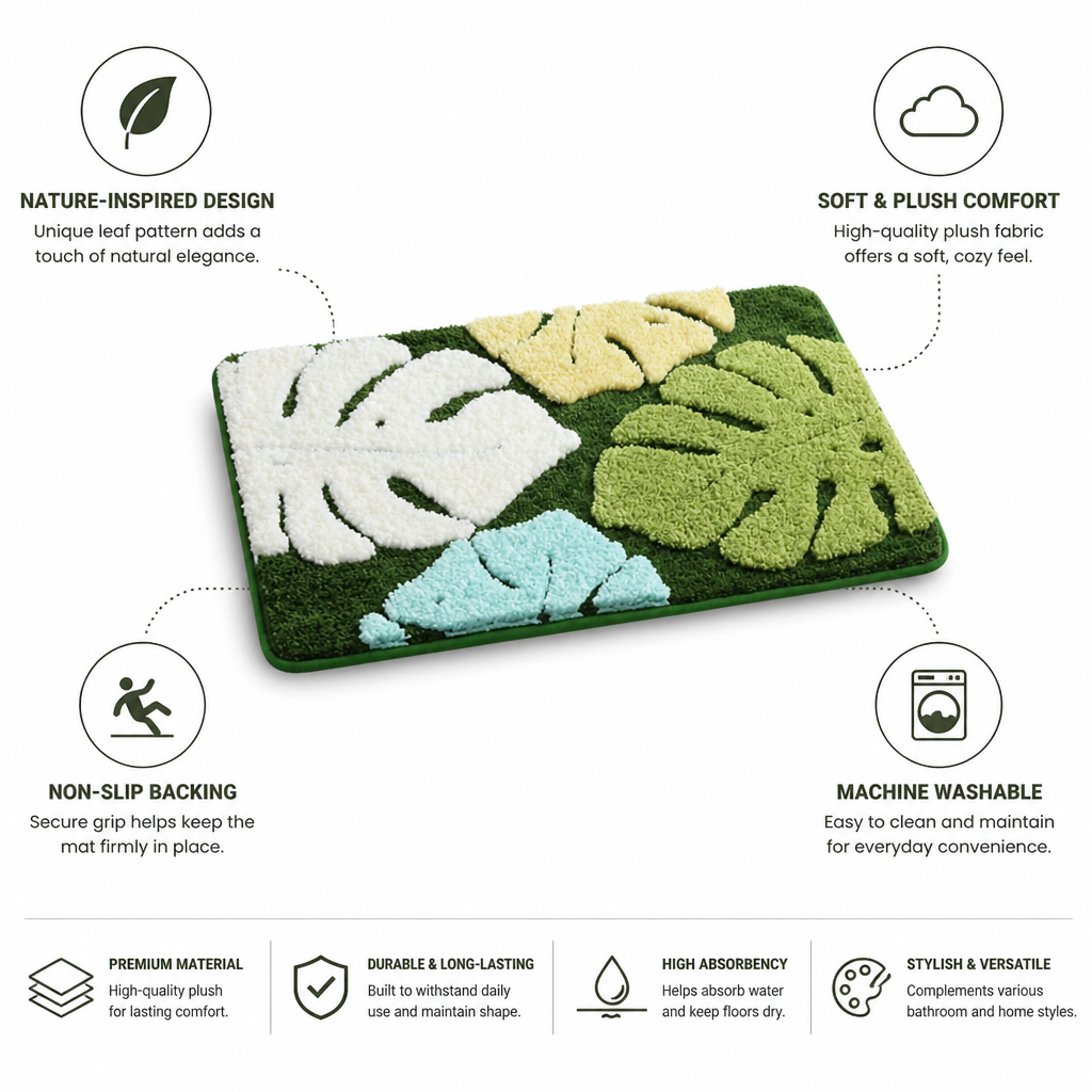 Bathroom Mat Leaf Design Plush Non-Slip Machine Washable