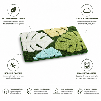 Bathroom Mat Leaf Design Plush Non-Slip Machine Washable
