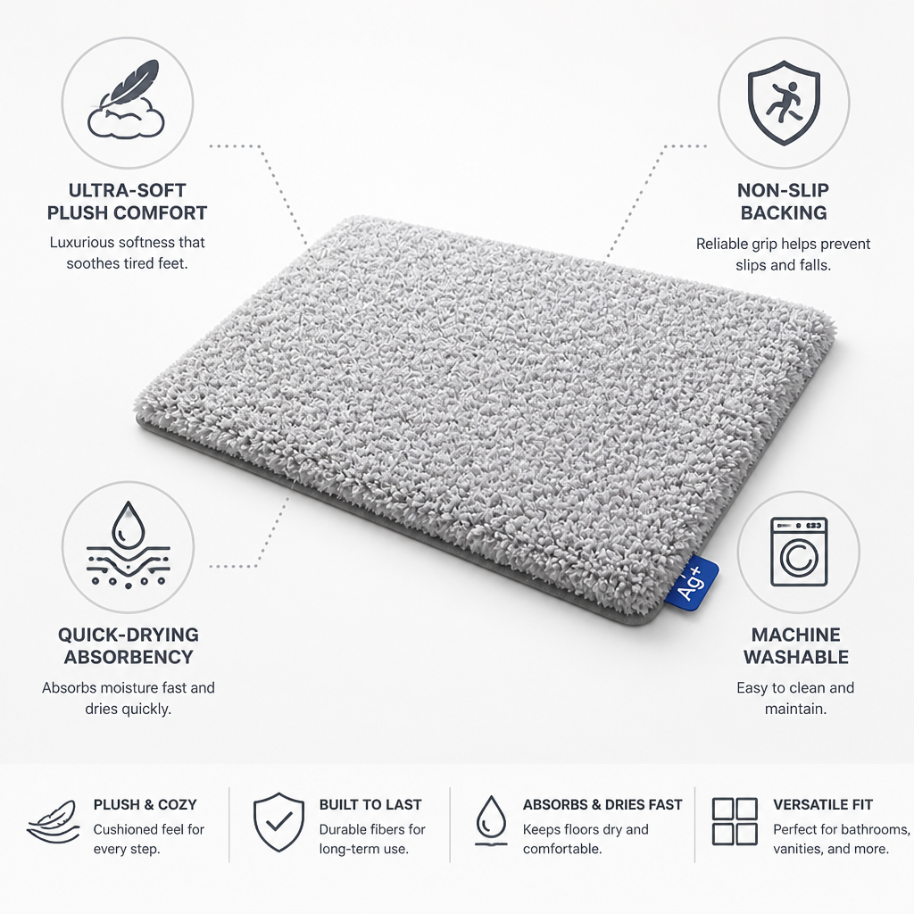 Bathroom Mat Ultra-Soft Plush Non-Slip Backing & Quick-Drying