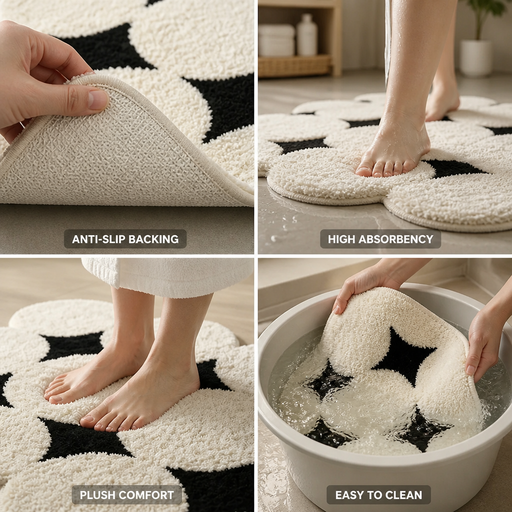Bathroom Rug Cloud Textured Plush Pile Anti-Slip Backing