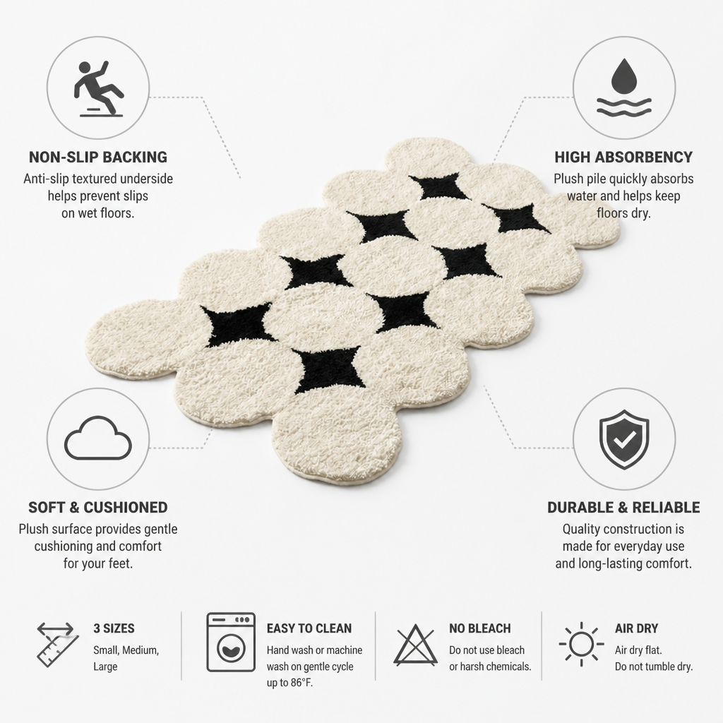 Bathroom Rug Cloud Textured Plush Pile Anti-Slip Backing
