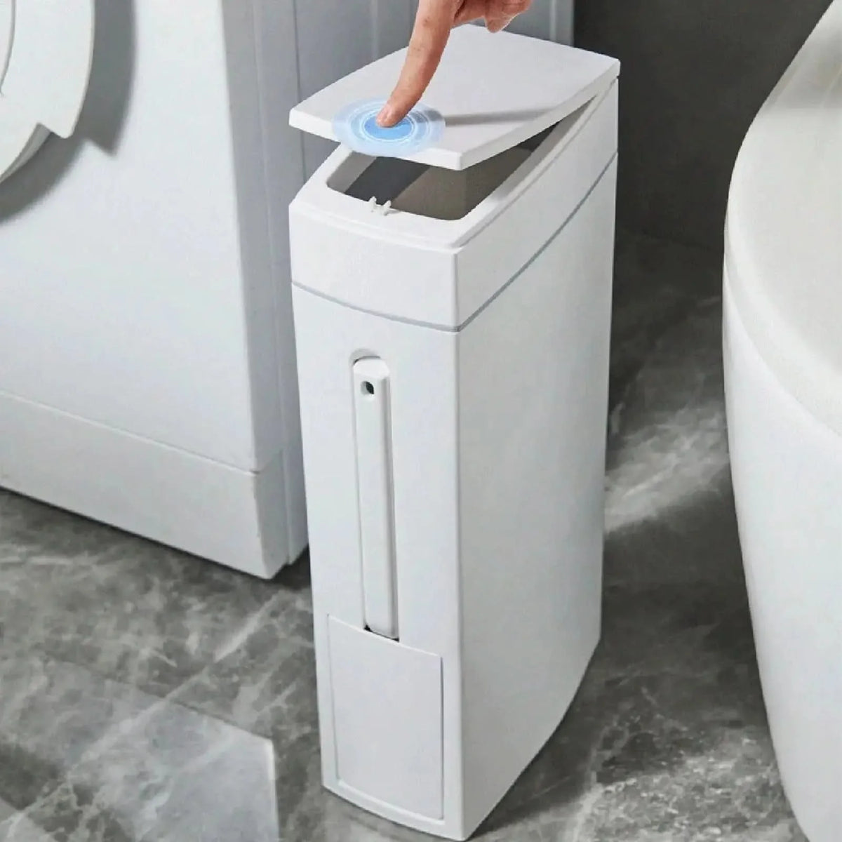 Bathroom Trash Bin Slim Space-Saving Integrated Brush