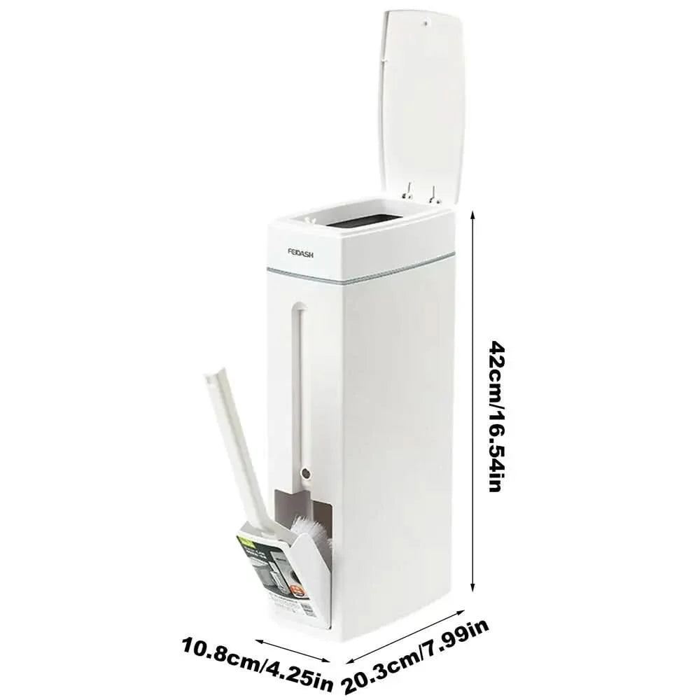 Bathroom Trash Bin Slim Space-Saving Integrated Brush