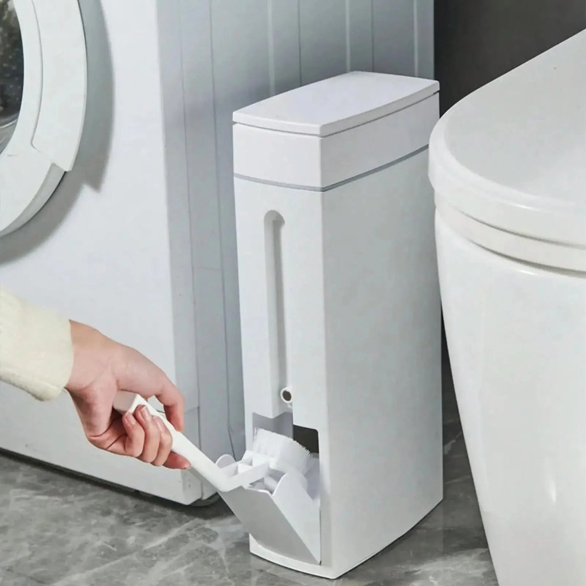Bathroom Trash Bin Slim Space-Saving Integrated Brush