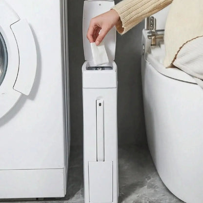 Bathroom Trash Bin Slim Space-Saving Integrated Brush