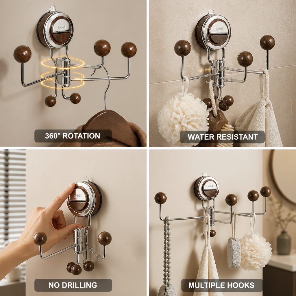 Bathroom Wall Hook Suction-Cup 360 Degree Rotating Stainless Steel