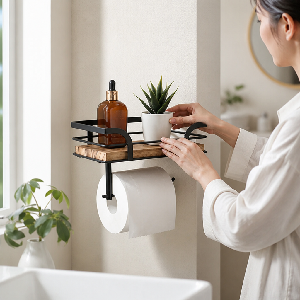 Bathroom Wall Shelf Toilet Paper Holder Metal Frame