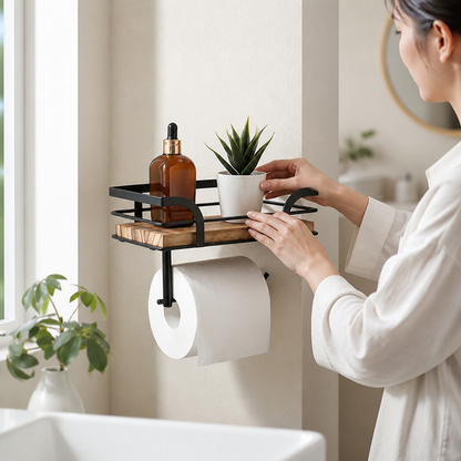 Bathroom Wall Shelf Toilet Paper Holder Metal Frame