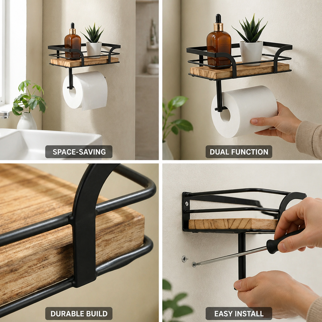 Bathroom Wall Shelf Toilet Paper Holder Metal Frame