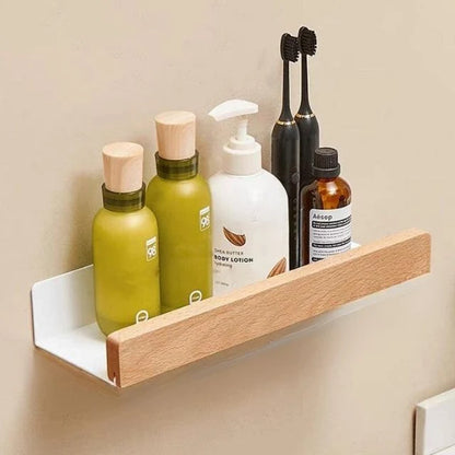 Bathroom Wall Shelf Wood Finish Self-Adhesive Moisture-Resistant